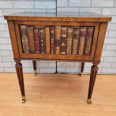 Maitland Smith Leather Top Mahogany 2 Door Side Table Stand with Faux Books