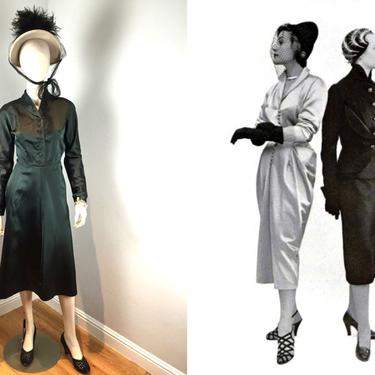 Parisian Collections - Vintage 1940s Amazing Dark Sea Green Satin Draped Back Dress 