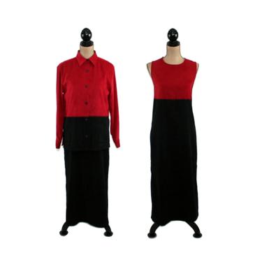 90s Red &amp; Black Colorblock, 2 Piece Dress and Jacket Set Women Medium, Ultrasuede Long Sleeveless Maxi, 1990s Clothes Vintage Clothing 