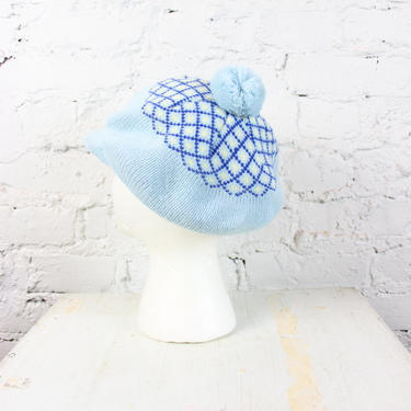 70's Winter Blue Newsboy Cap with Pom Pom and Mosaic Design . Soft Knit Acrylic Hat 