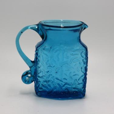 vintage blue art glass pitcher with applied handle 