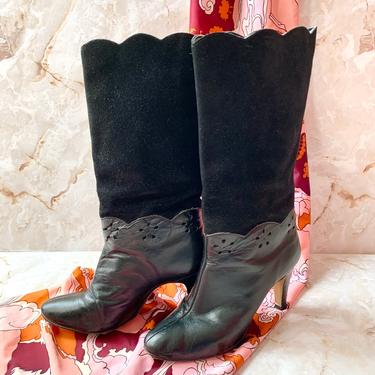 Black Leather Boots, Vintage 80s, Black Suede, Mid Calf, Pull On, Rocker, Size 7 US 