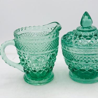 Vintage Green Sugar and  Creamer Glass -Wexford Diamond Pattern-Anchor Hocking- Great Condition 