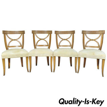 Italian Neoclassical Style Carved Wood Greek Key Saber Leg Dining Chair Set of 4
