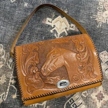 1950s Tooled Leather Horse and Morning Glories Purse Mexico Hand Tooled Vintage Western Wear Rockabilly 
