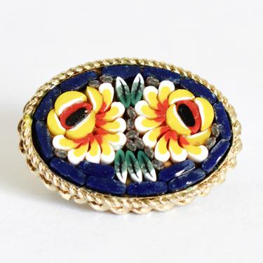 Classic 60's Italy micro mosaic oval flowers pin, colorful little art glass in gold plated metal floral brooch 