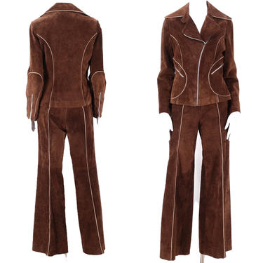 70s RONCELLI suede jacket bell bottoms suit 10 / vintage 1970s chocolate brown bell bottom suit jacket pants set outfit sz 11 