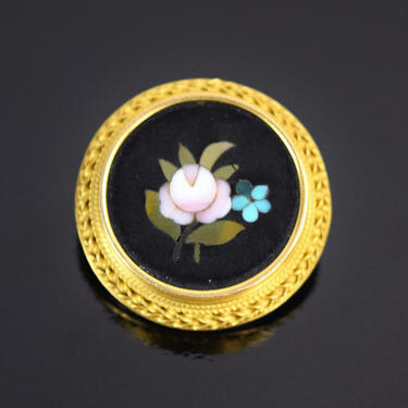 Antique Estate 18k Solid Gold Micromosaic Pietra Dura Rose Flower Pin Brooch 