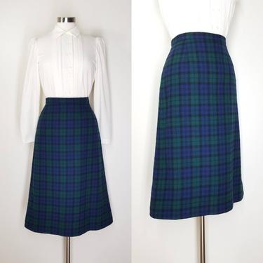 Vintage Pendleton Plaid Skirt, Medium / 1980s Navy Blue Green Tartan Plaid Wool Skirt / Black Watch Tartan Plaid Midi Skirt 32&amp;quot; Waist 