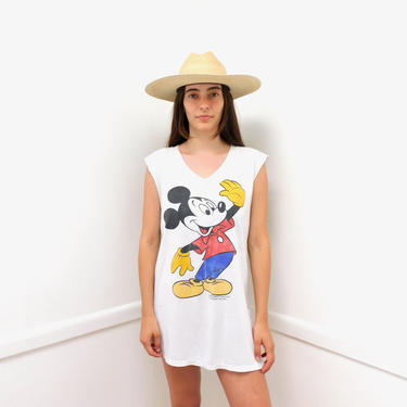 Old School Mickey Tee // vintage mouse t-shirt boho hippie Walt Disney t shirt dress cotton blouse white oversize 70s 80s mini // O/S 
