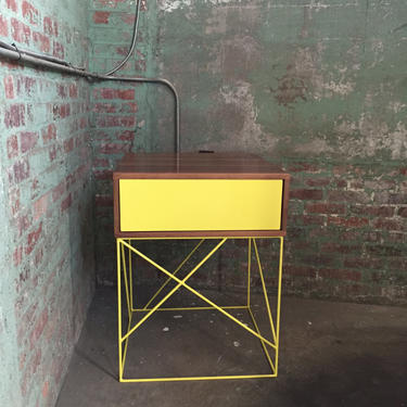 Solid Wood Side Table with Steel Panel Drawer and Geometric Steel Base 