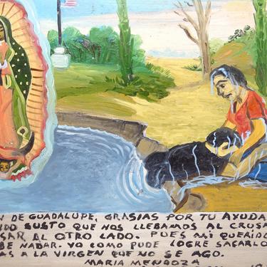 Vintage Ex Voto, Mexican Votive Painting on Tin, Woman Thanking Our Lady Virgin Mary for Miracle Performed 