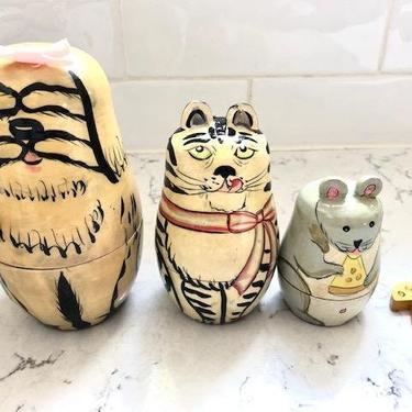Vintage Russian Style Wooden Hand Painted Nesting Dolls Dog, Cat, Mouse, and Cheese _4 Pc by LeChalet
