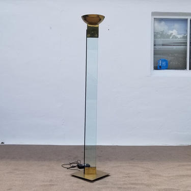 1970's  Italian Brass And Glass Torchiere  Floor Lamp . 
