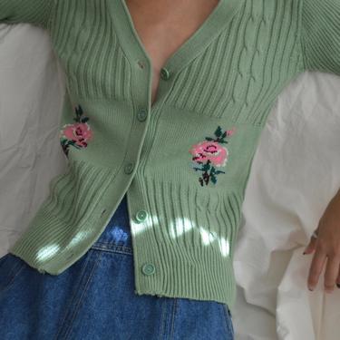 70s pale green cableknit floral cardigan 