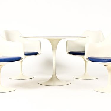 Mid Century Vintage Tulip Dining Set — Eero Saarinen for Knoll International — Round Dining Table + 4 Armchairs — Blue Seat Cushions 
