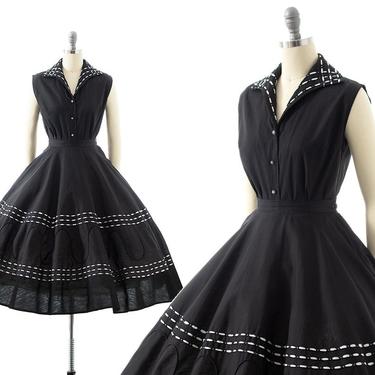 Vintage 1950s Skirt Set | 50s Ribbon Laced Black Cotton Sleeveless Blouse and Circle Skirt Dress Two Piece Outfit (x-small) 