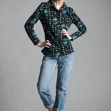 vintage 70s polyester shirt black blue floral polka dot blouse top long sleeves MEDIUM M 