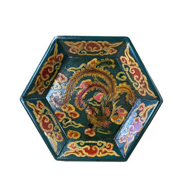 Tibetan Style Handmade Teal Green Phoenix Paint Hexagon Tray ws1289E 