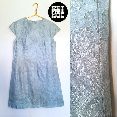 Pretty Vintage 60s Mod Pastel Blue Paisley Lame Sparkle Metallic Space Age Shift Party Dress! 