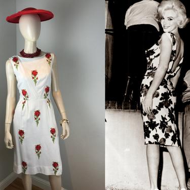 Marilyn Mocks - Vintage 1950s 1960s White Red Rose Floral Sheath Wiggle Cotton Dress - 8 