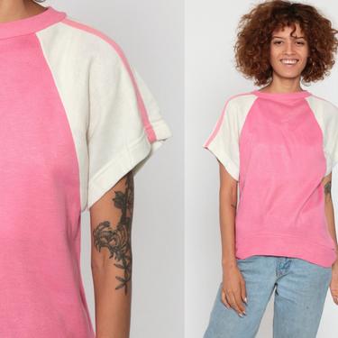 Pink Ringer Tee Shirt Short Sleeve Raglan Sweatshirt 80s Shirt Slouchy Sweatshirt 1980s Baseball Stranger Things Vintage Small 