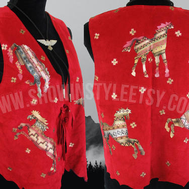 Vintage Western Women&#39;s Cowgirl Suede Vest, Custom Painted Silver & Gold Pony Designs by Crain, Tag Size Medium (see meas. photo) by ShowinStyle