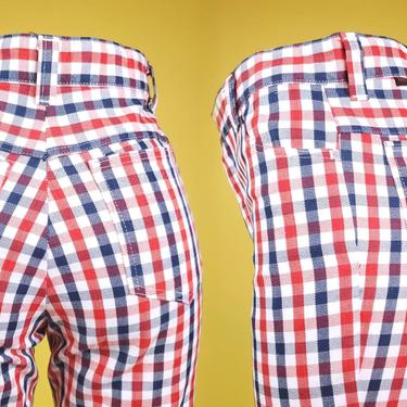 Vintage checkered flare pants by Twister. Red, white, & blue buffalo check. (29×28) 