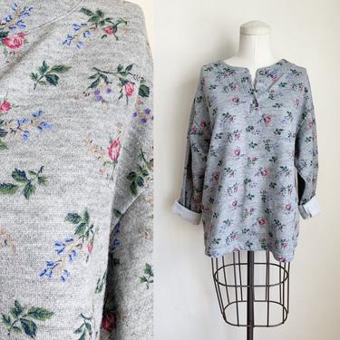 Vintage 1990s Gray Floral Henley Sweatshirt Top / L 