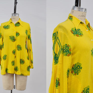 Vintage 1970s Yellow Cotton Gauze Blouse, 70s Floral Bouquets, Vintage Sheer Blouse, Boho Hippie Western, Size M/L by Mo
