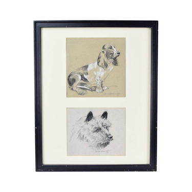 Frame pair of 1930’s Charcoal Drawings Basset Hound and Terrier Dogs signed 