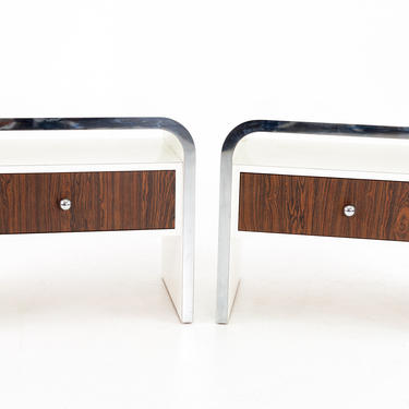 Milo Baughman Style Mid Century White Laminate Rosewood and Chrome Nightstand Side End Tables - mcm 