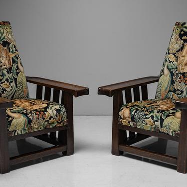Pair of Oak Armchairs by Leonard Wyburd in Cotton Velvet from William Morris
