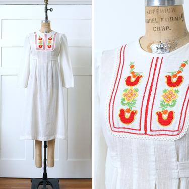 vintage 1970s boho dress • white cotton gauze embroidered birds dress with bell sleeve 