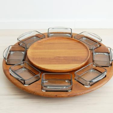 Danish Modern Digsmed Teak and Glass Lazy Susan Serving Tray Made in Denmark 