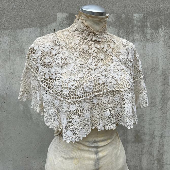 Antique Edwardian Irish Crochet Lace Blouse Cape 3D Flowers Antique Edwardian Irish Crochet Lace Blouse Cape 3D Flowers
