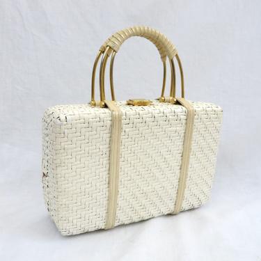 Vintage 1960's White Woven Wicker Basket Box Purse Handbag Gold Hardware Top Handle Rodo, Mid Century Handbags Made in Italy 