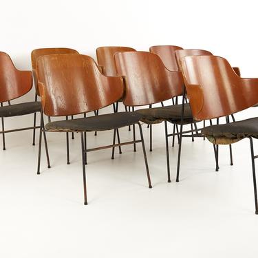 Kofod Larsen Mid Century Penguin Wrought Iron and Bent Plywood Dining Chairs - Set of 8 - mcm 