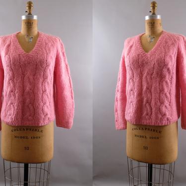 60s Pink Mohair Wool Handknit Sweater Handmade in Italy Large 