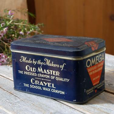 Vintage Omega crayon tin / antique crayon tin / blackboard crayon box / vintage advertising / crayon container / rustic decor 