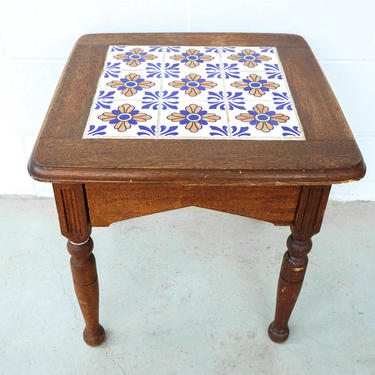 Vintage Hand Painted Tile and Solid Wood Accent Table 