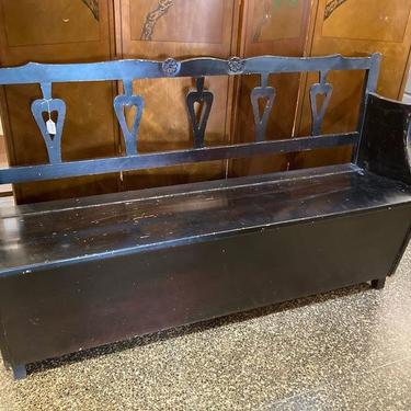 Black painted bench with storage! 57.5” x 16” x 34” Seat is 18” high 15” deep. 