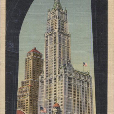 Woolworth Building and City Hall from Under Municipal Building Arch, New York City Vintage Postcard 