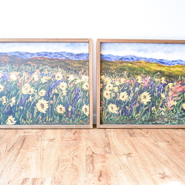 Set of 2 Large Artist Signed Wildflower Paintings with Rustic Wood Frames 