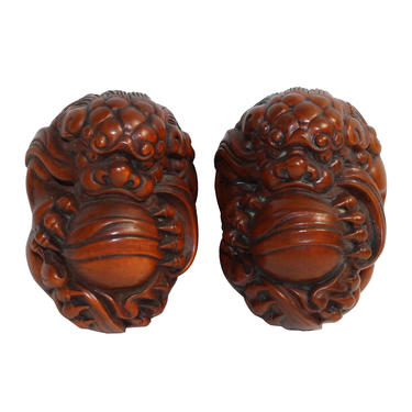 Chinese Pair Wood Carved Mini Foo Dog FengShui Figures ws298E 