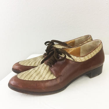 Vintage 80s 90s RALPH LAUREN Woven Leather Oxfords Shoes Brown Tan 6 