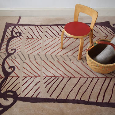 Vintage ART DECO RUG Carpet, 8' x 6.5', Edward Fields Style, Beige Brown Red Mid-Century Modern Hollywood Regency Surrealist eames era 