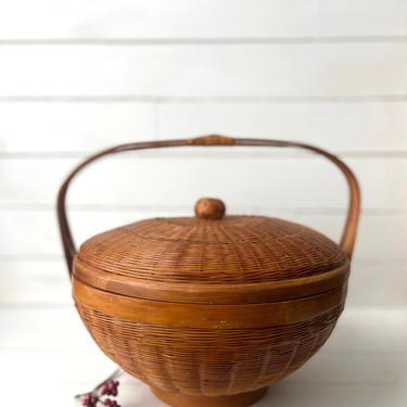Vintage Chinese Wedding Basket, Rattan Woven Basket | Rustic, Farmhouse, Cottagecore Basket For Storage, Decor, Chinoiserie Basket, Gift 