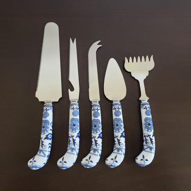Vintage Ceramic Hors D'oeuvre Serving Set, 5 Piece Cheese Knives, Spreader, Fork, and Spatula, House of Prill, Made in England 