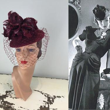 Spy Filled Eyes - Vintage 1940s Burgundy Wine Felt Military Hat Tilt Topper w/Lacquered Feathers & Veil 